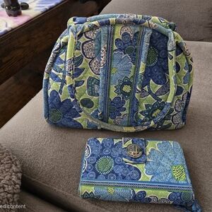 Vera Bradley Blue and Green Floral Bag and Turnlock Wallet Set